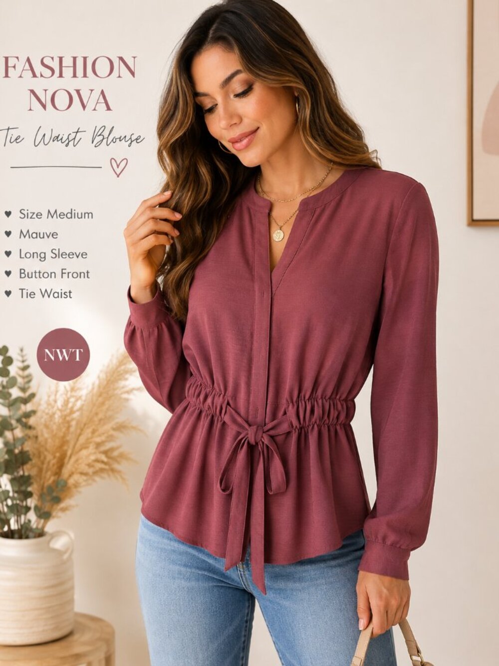 NWT Fashion Nova Mauve Tie Waist Blouse M Long Sleeve Button Front Top Flaw